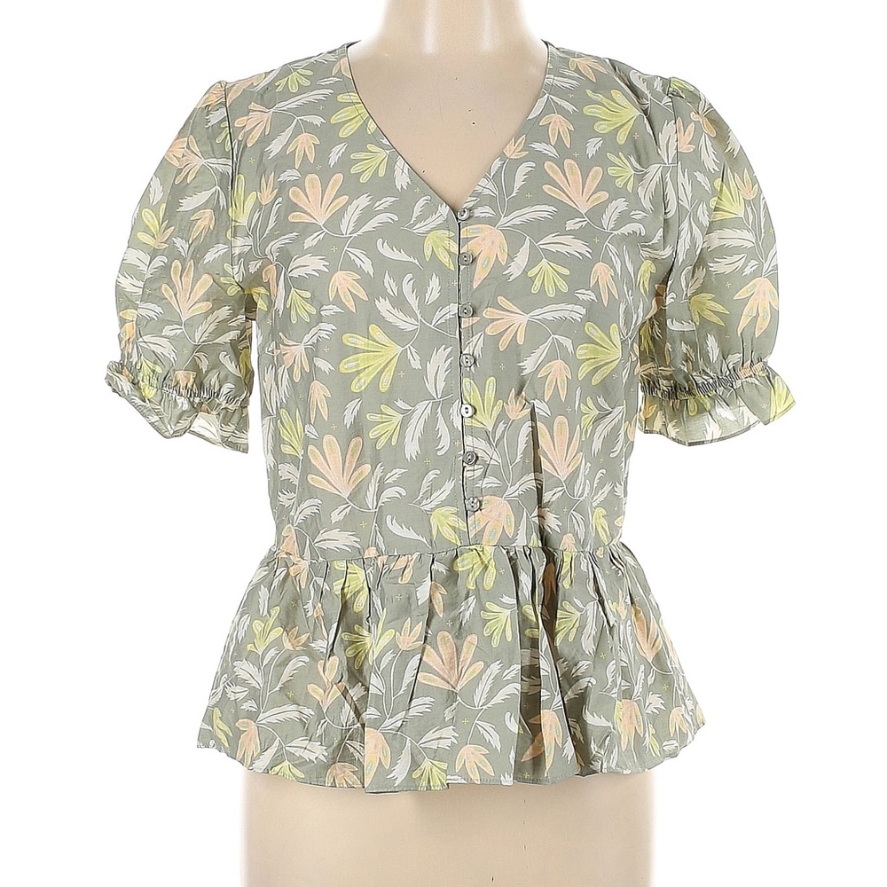Downeast floral button top; peplum, puff sleeves; V-neck; women’s small